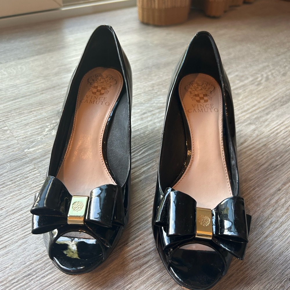 Vince Camuto Glossy Black Peep Toe Patent Leather Wedge Heels